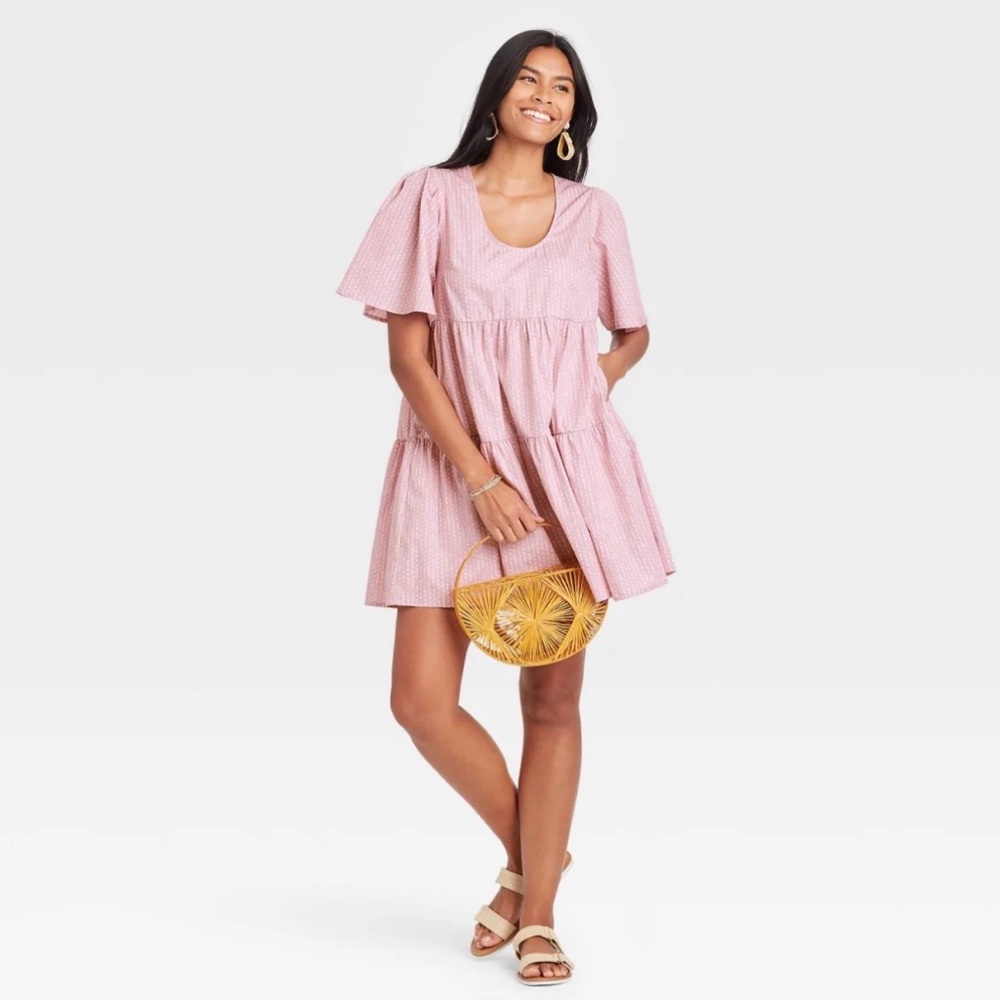 A New Day Flutter Short Sleeve Tiered Babydoll Dress with Pockets Purple XXL